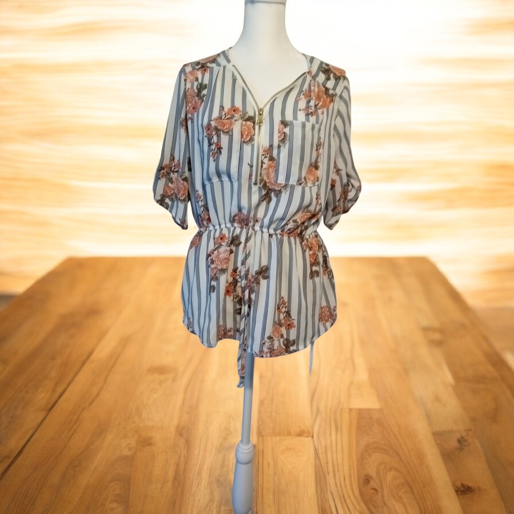 J for Justify Floral Striped Blouse in White ,Blue,Pink& Green